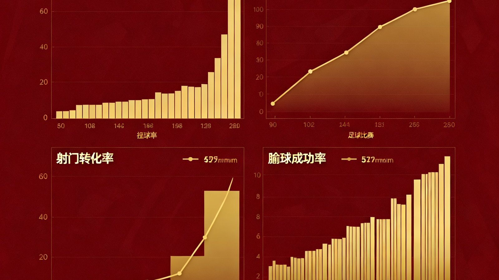 数据分析图表显示足球比赛中的关键统计指标，包括控球率、射门转化率、传球成功率等，图表采用深红与金色配色，专业感十足。