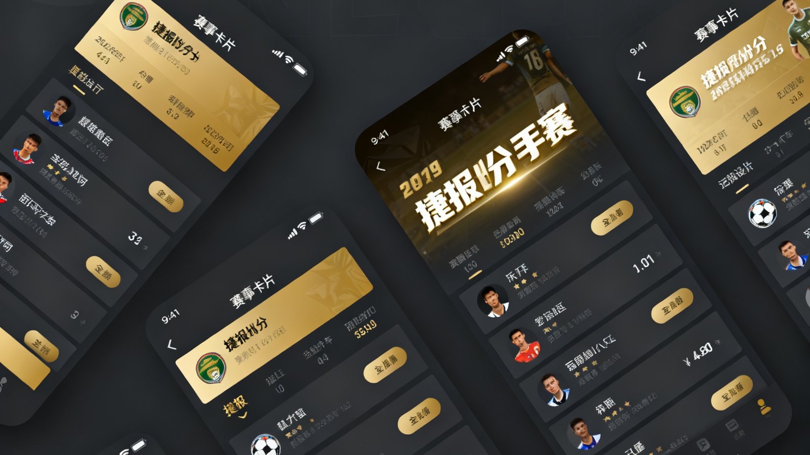 捷报比分手机版5.8版本更新后的界面截图，展示全新的深色模式主题和重新设计的赛事卡片布局，界面以深灰为底、金色为点缀色。